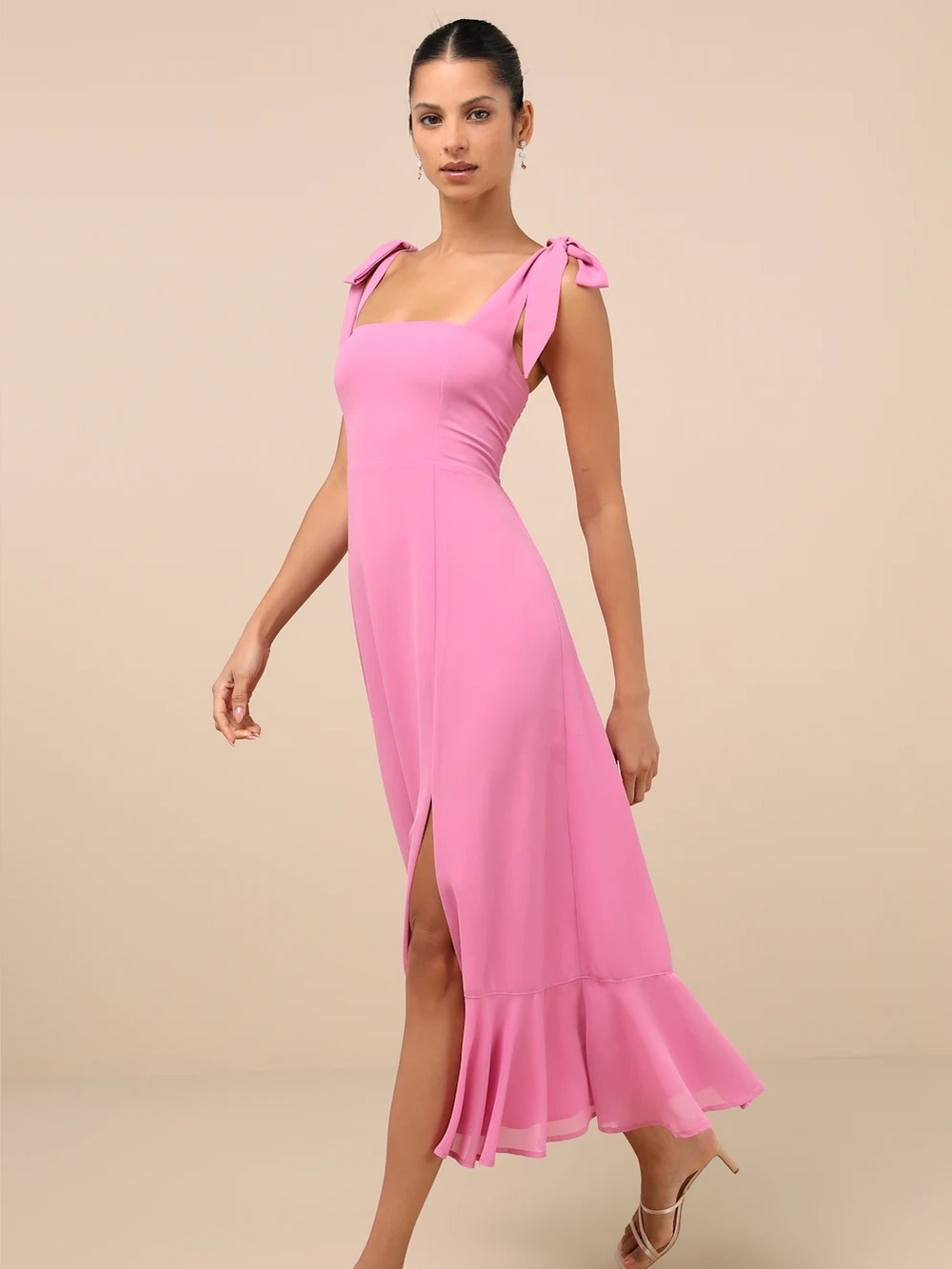 NWT Sz M Summer Invite Pink Tie-Strap Tiered Midi Dress Smocked Square Neck